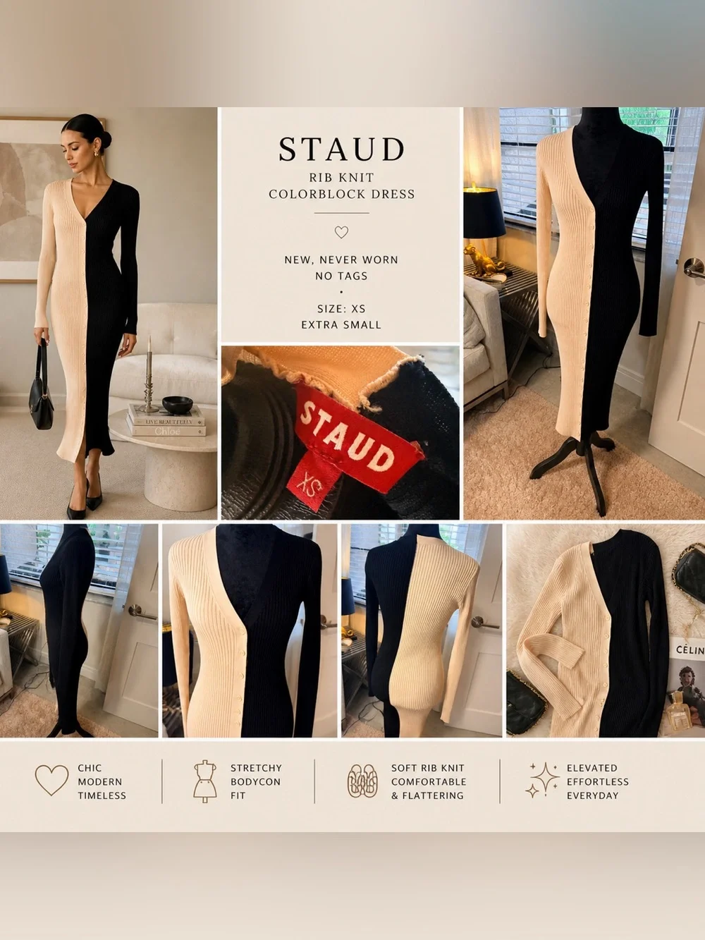 STAUD Rib Knit Colorblock Dress Black & Beige XS Bodycon V-Neck Long Sleeve - Picture 2 of 2